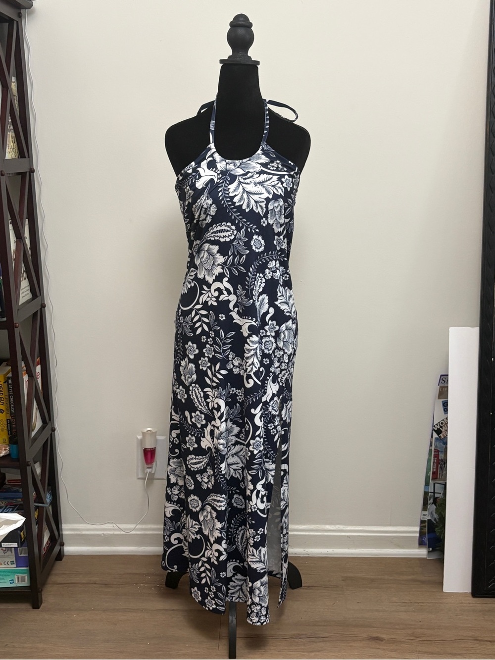 Navy and White Floral Halter Maxi Dress